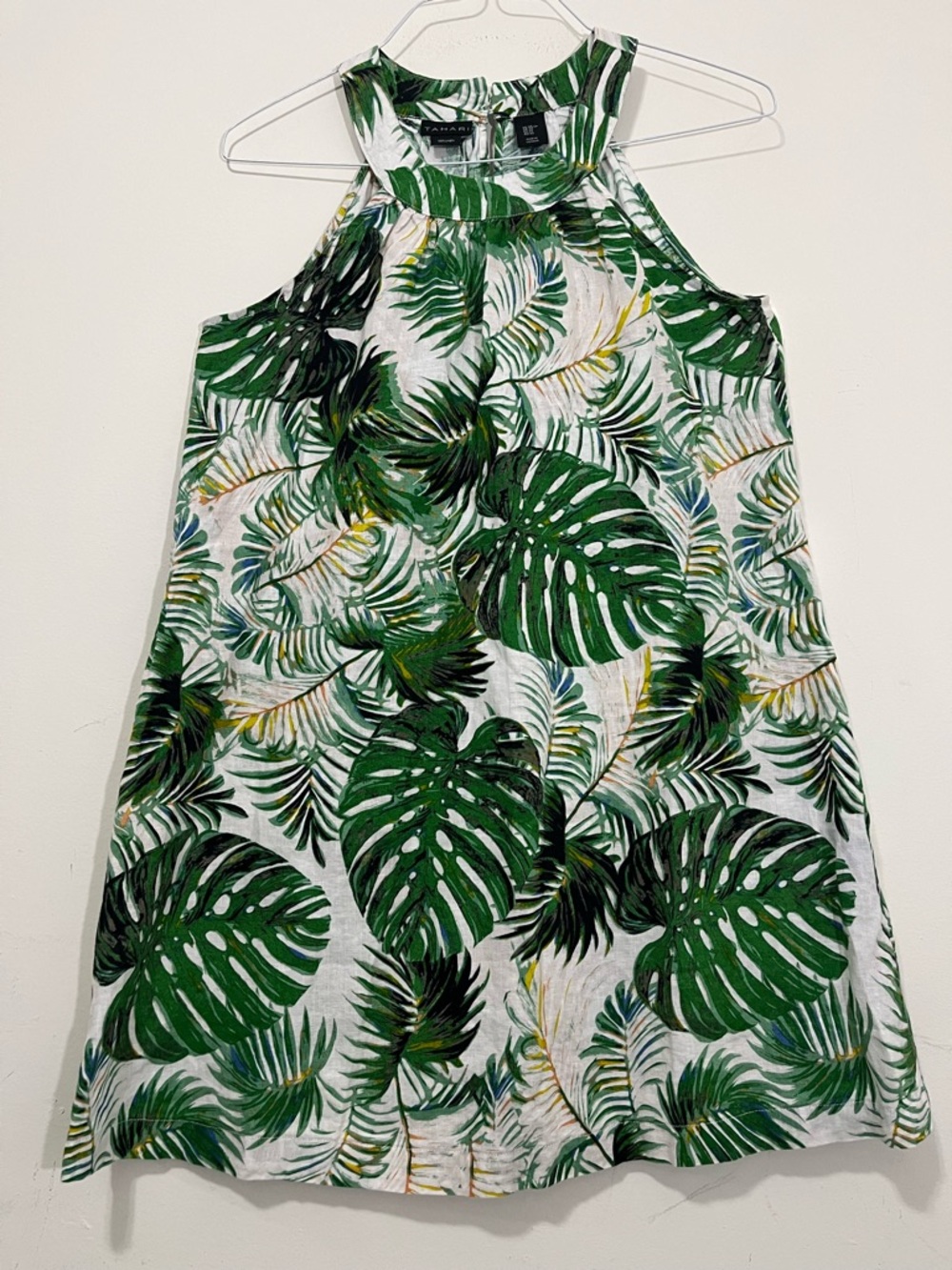 Tahari 100% Linen Tropical Leaf Sleeveless Halter Dress Size XS Coastal Beach